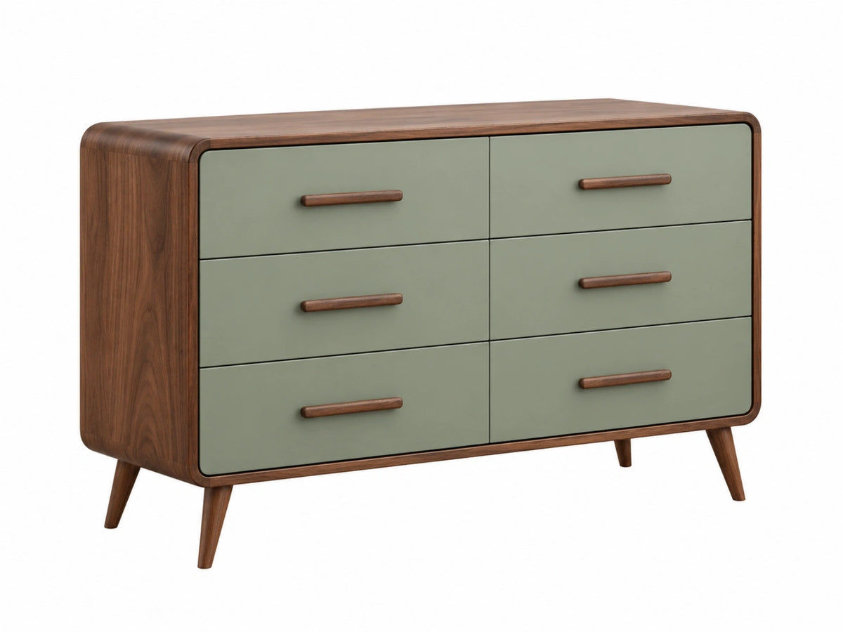 Cassettiera 120 x 45 x 80 cm in legno marrone e verde salvia - sei cassetti stile retrò