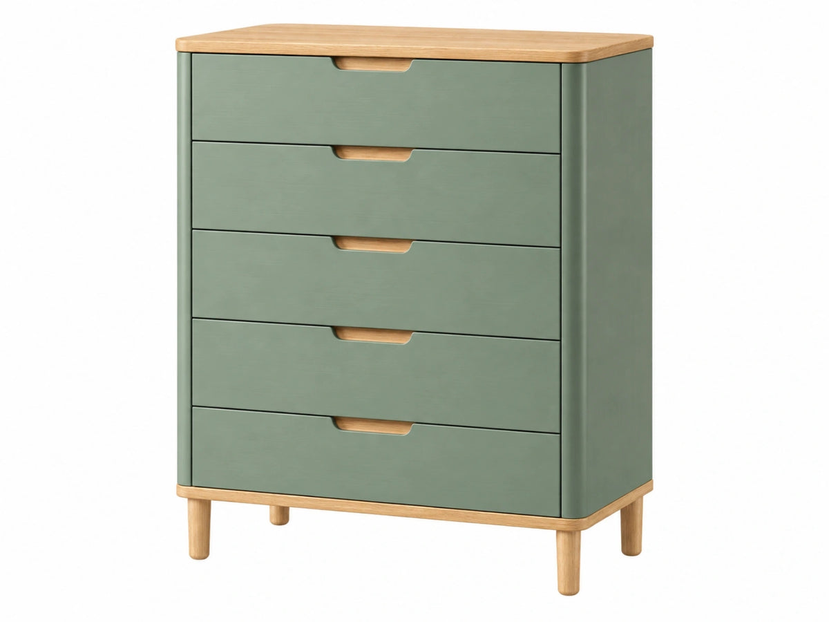Cassettiera 80 x 40 x 100 cm in legno verde salvia a 5 cassetti stile nordico