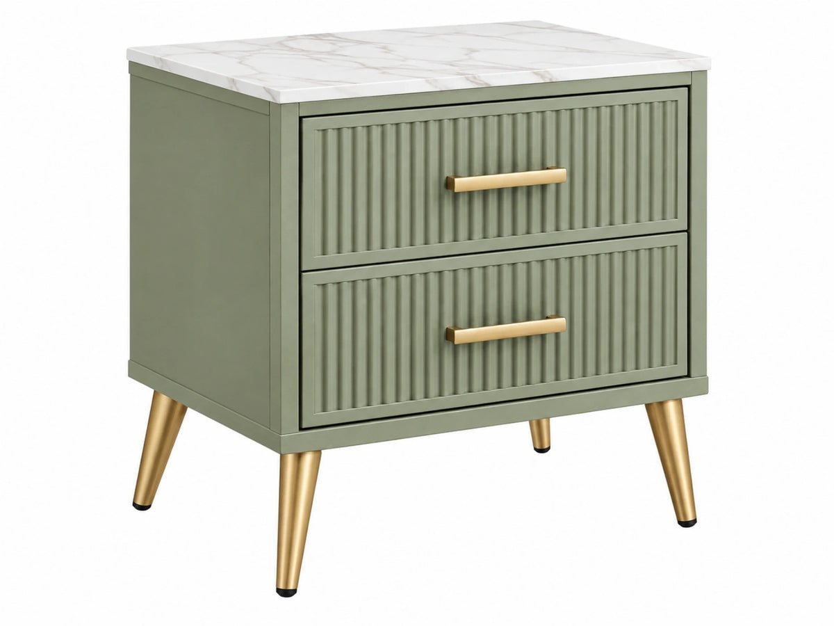 Comodino 50 x 40 x 60 cm verde salvia in legno con piano effetto marmo e 2 cassetti stile moderno