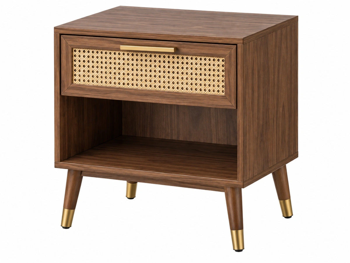 Comodino 50 x 40 x 60 cm in legno marrone con cassetto in rattan stile retrò