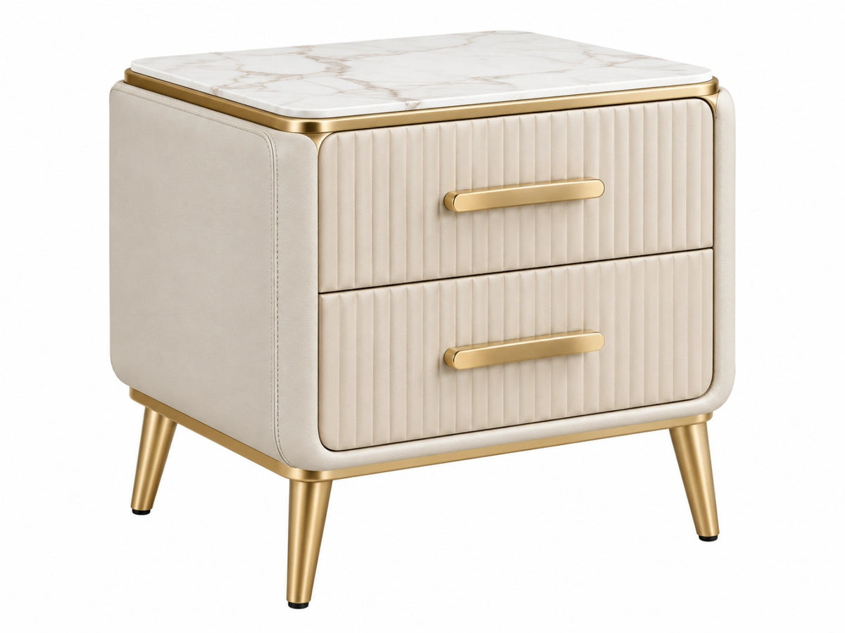 Comodino 50 x 40 x 55 cm in tessuto beige con piano effetto marmo e due cassetti
