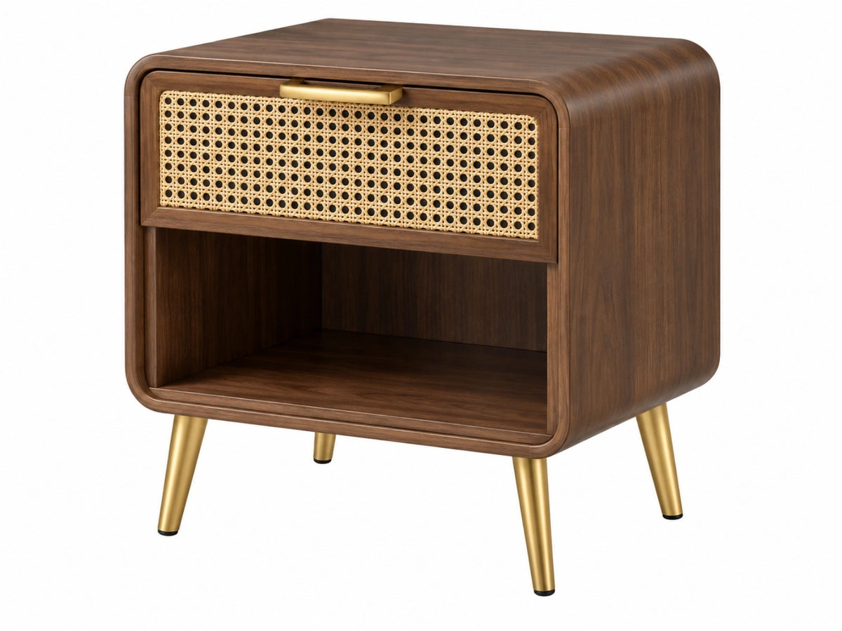 Comodino 50 x 40 x 60 cm in legno noce con rattan e gambe dorate stile retrò
