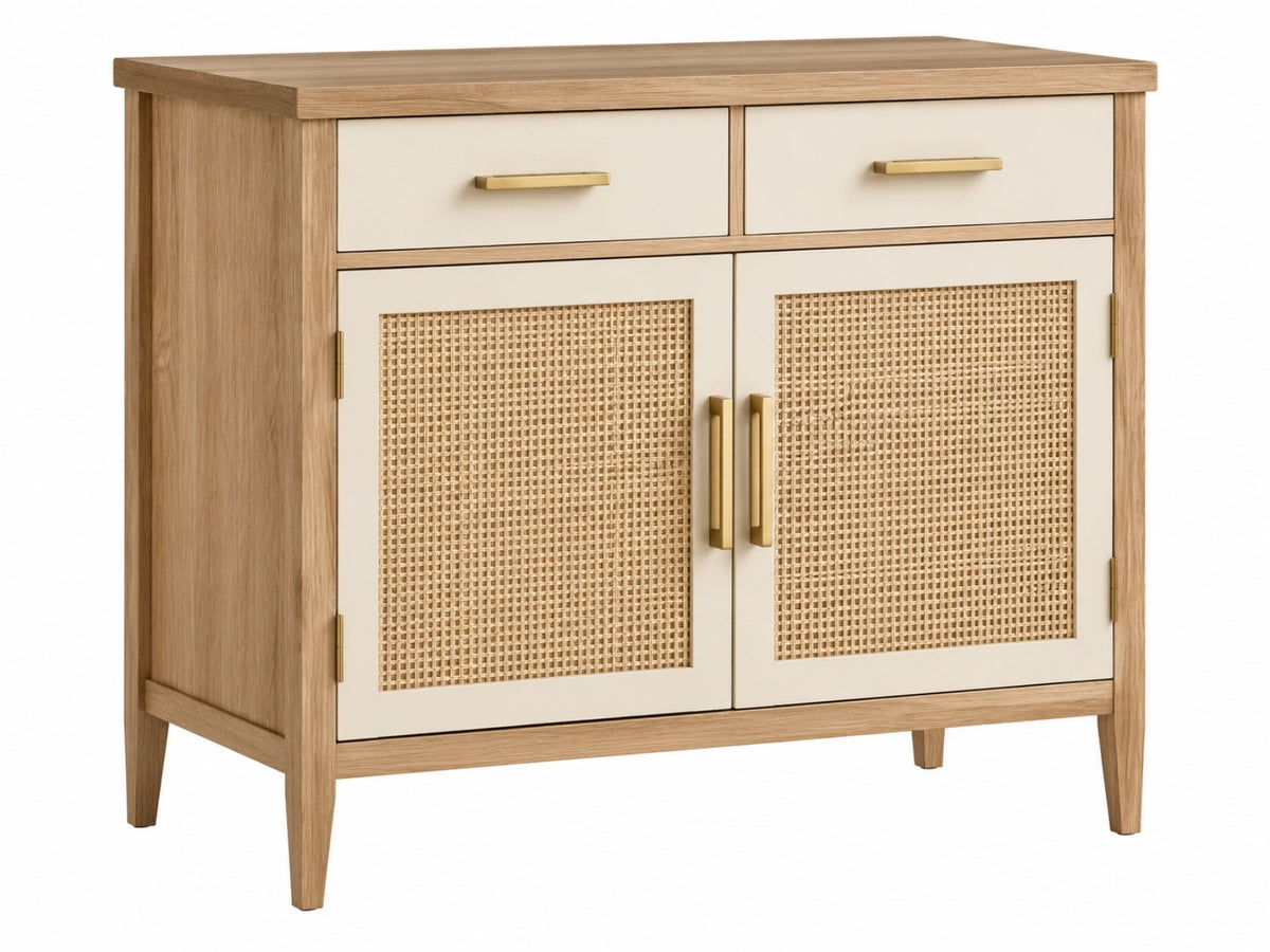 Credenza 100 x 40 x 95 cm in legno naturale e bianco con ante in rattan - mobile contenitore stile moderno