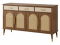 Credenza 160 x 40 x 85 cm in legno marrone e rattan naturale - stile retrò con 4 ante e 3 cassetti