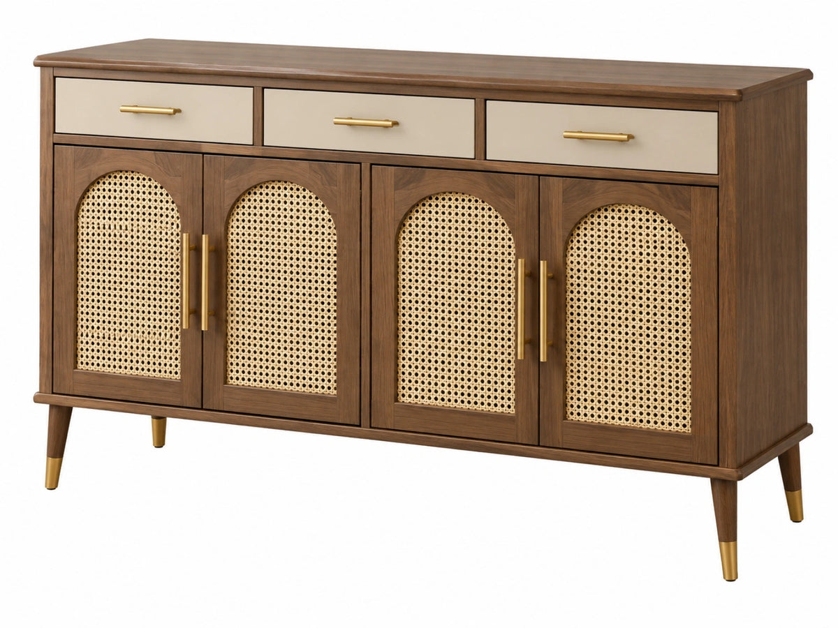 Credenza 160 x 40 x 85 cm in legno marrone e rattan naturale - stile retrò con 4 ante e 3 cassetti