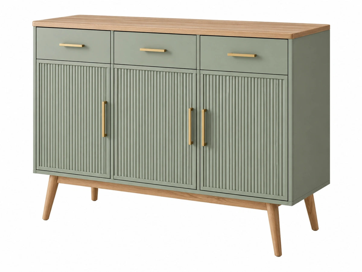 Credenza 140 x 40 x 90 cm verde salvia e legno con 3 ante 3 cassetti stile moderno
