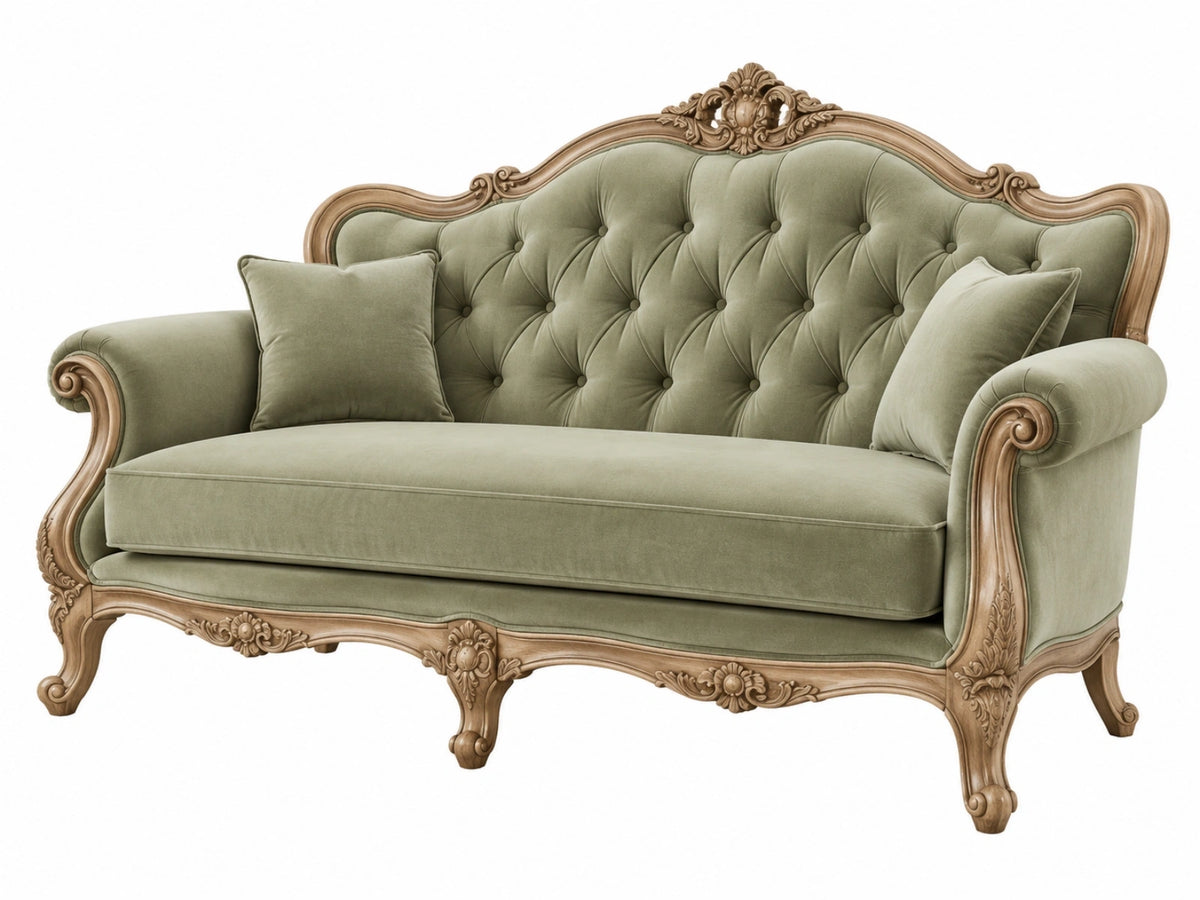 Divano 2 posti 180 cm in tessuto effetto velluto verde salvia e legno intagliato stile classico