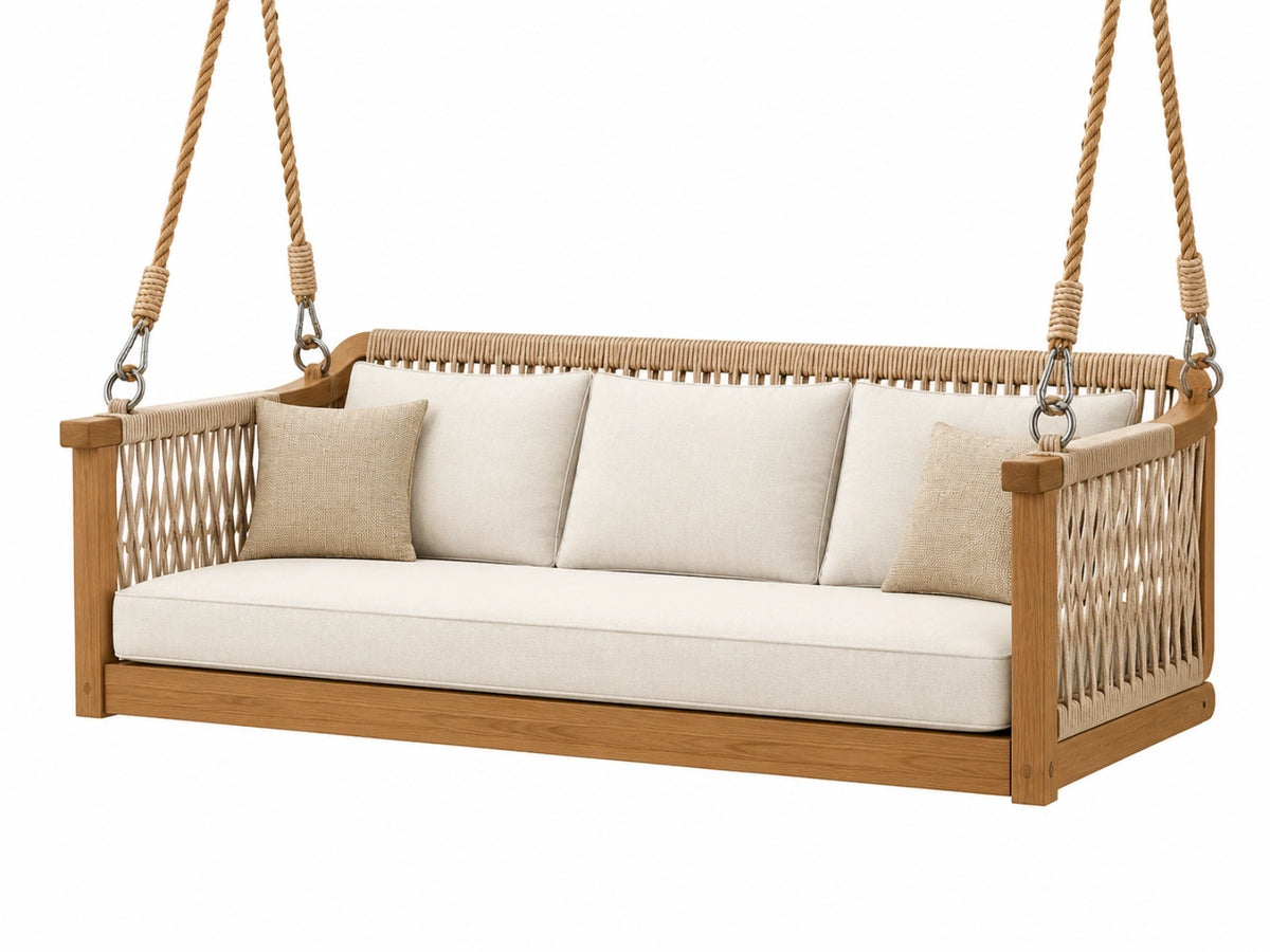 Divano sospeso da giardino 200 x 80 x 70 cm in legno e corda beige stile bohémien