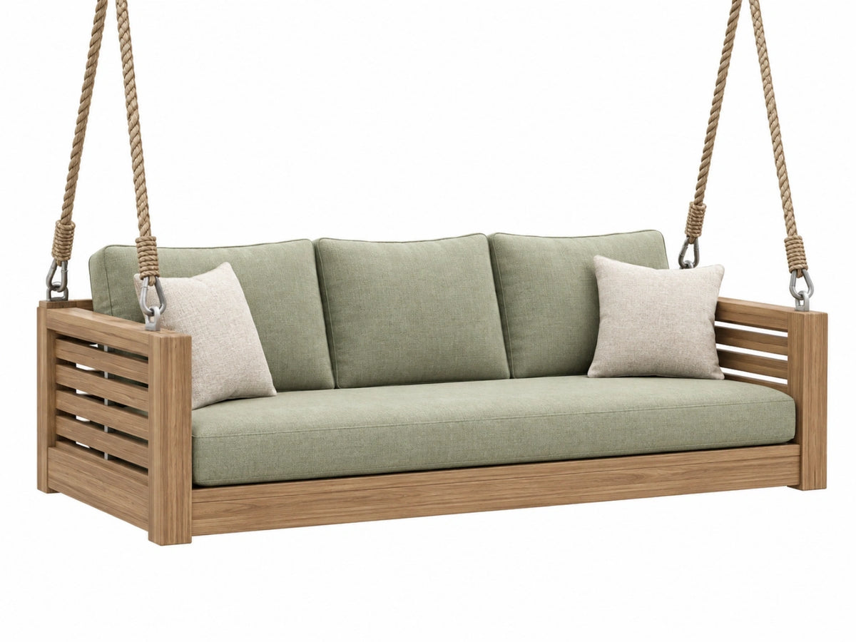 Dondolo sospeso da giardino 180 x 75 x 70 cm in legno naturale e tessuto verde a 3 posti