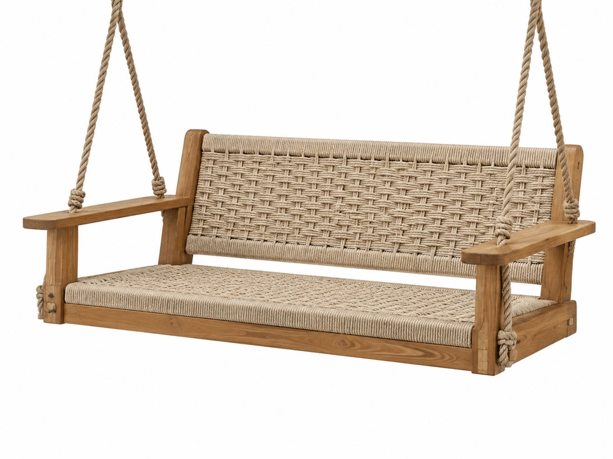 Dondolo sospeso 120 x 60 x 60 cm in legno e corda beige - stile rustico