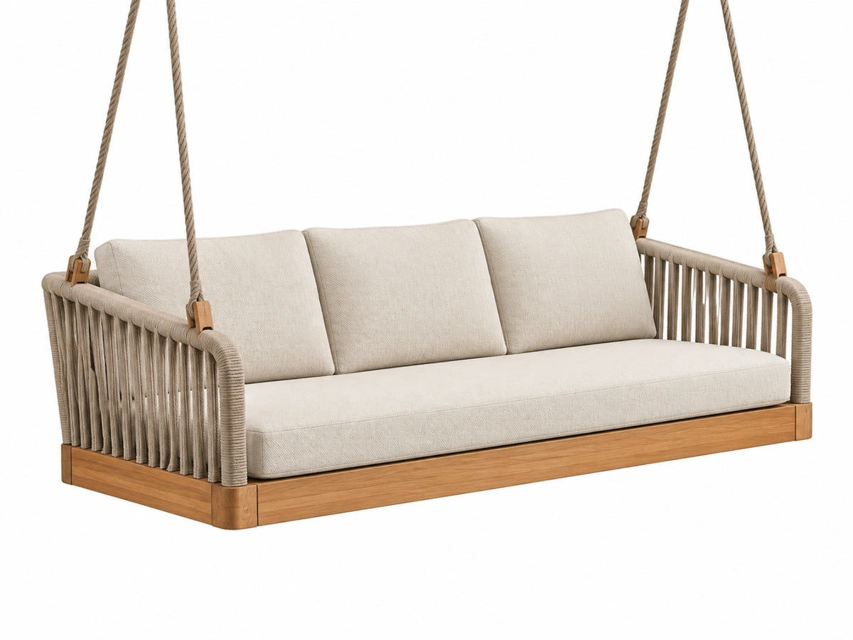 Divano sospeso 200 x 90 x 70 cm in legno e corda beige da esterno - stile contemporaneo