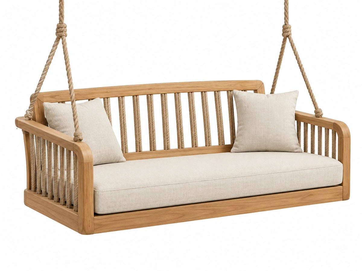 Divano sospeso 180 x 75 x 65 cm in legno naturale e corda beige per esterno