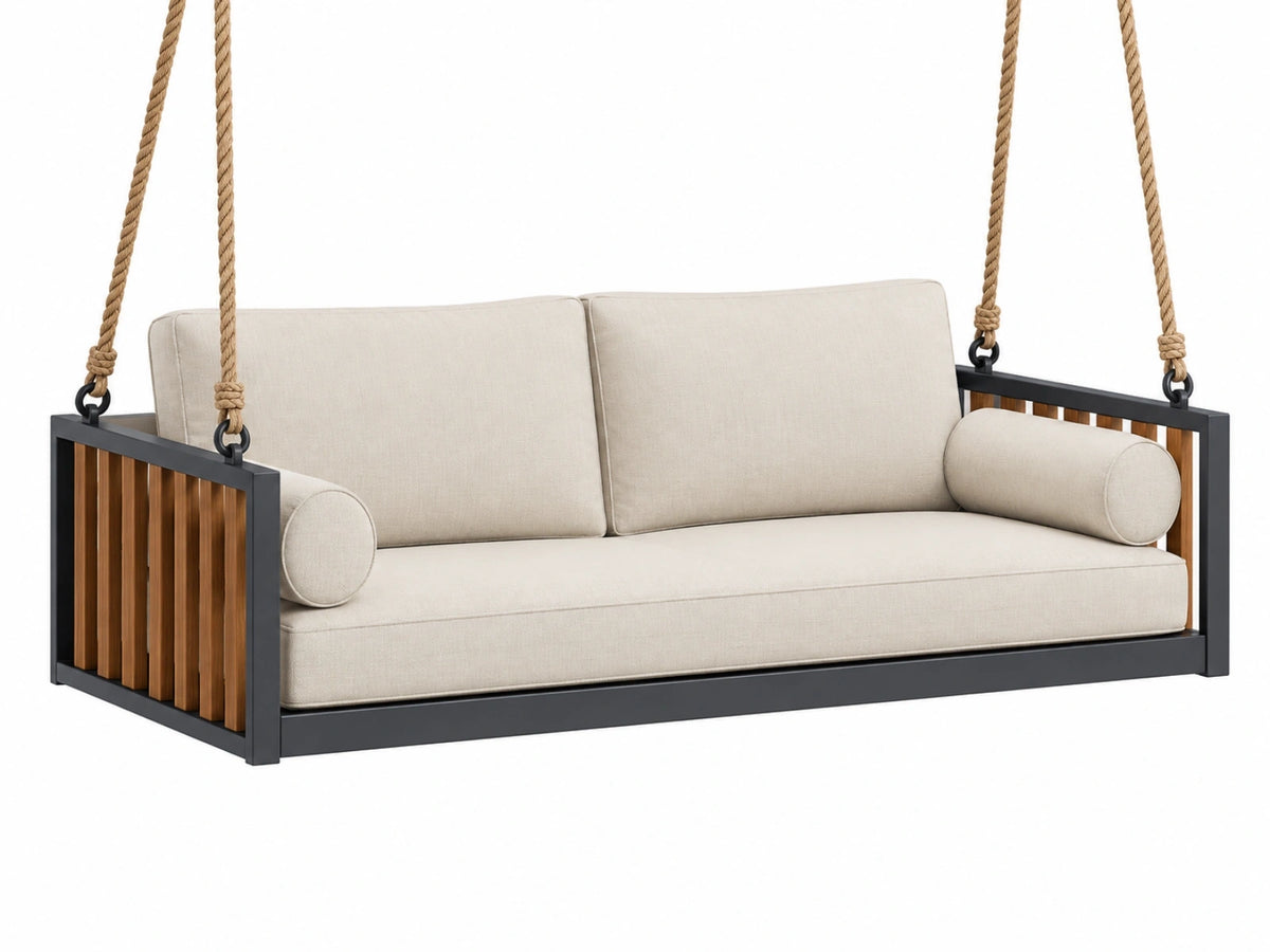 Dondolo sospeso 2 posti 150 x 75 x 180 cm in metallo legno e tessuto beige stile contemporaneo