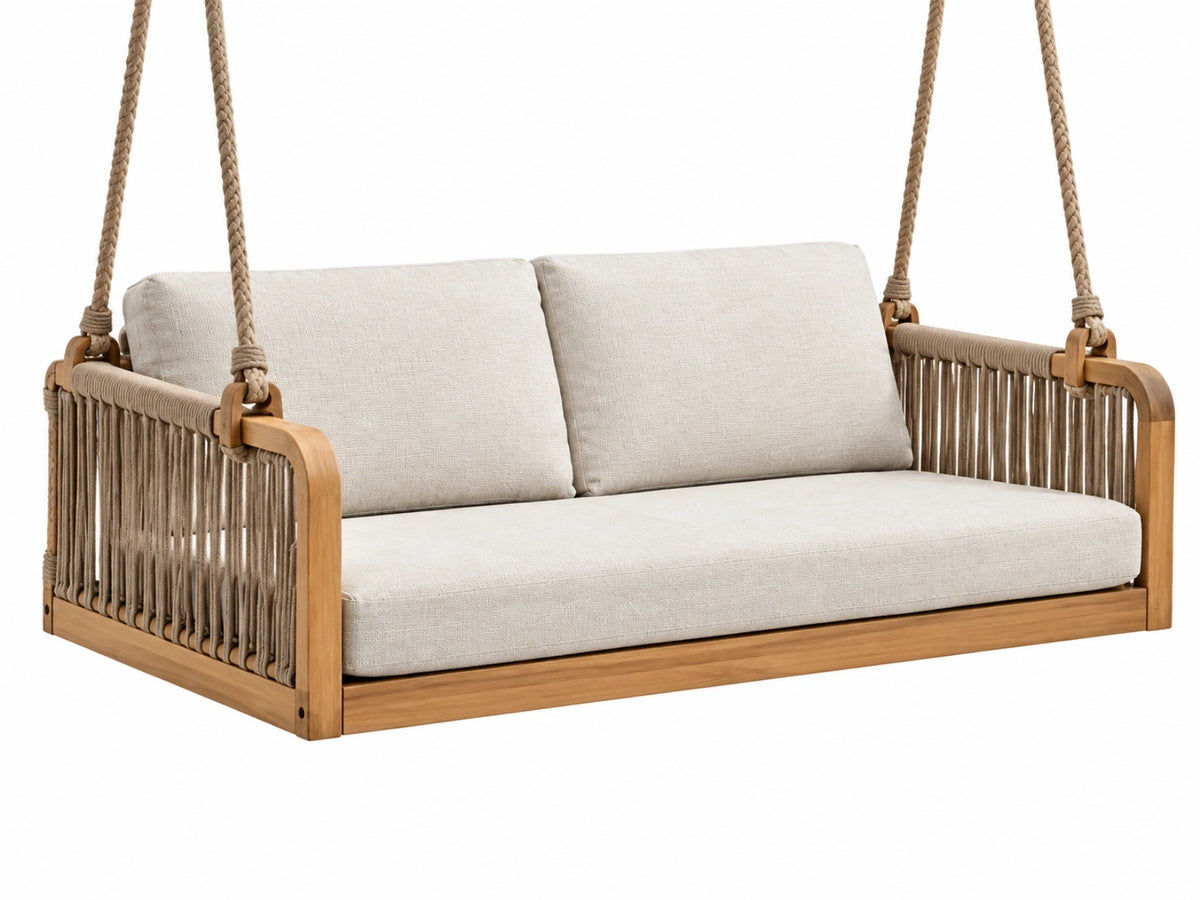 Dondolo sospeso 130 x 75 x 125 cm in legno e corda beige per esterno coperto
