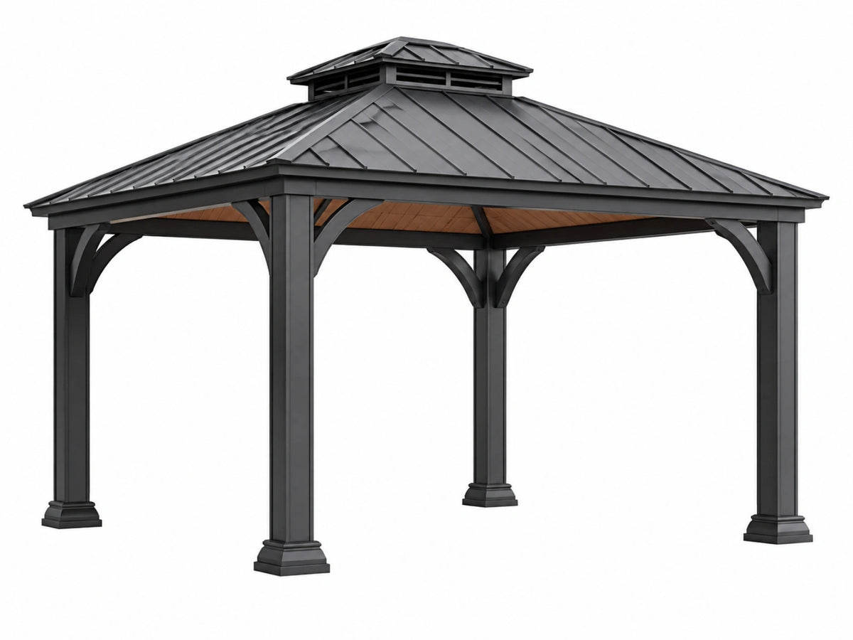 Gazebo 300 x 300 cm in metallo nero con tetto a padiglione per esterno