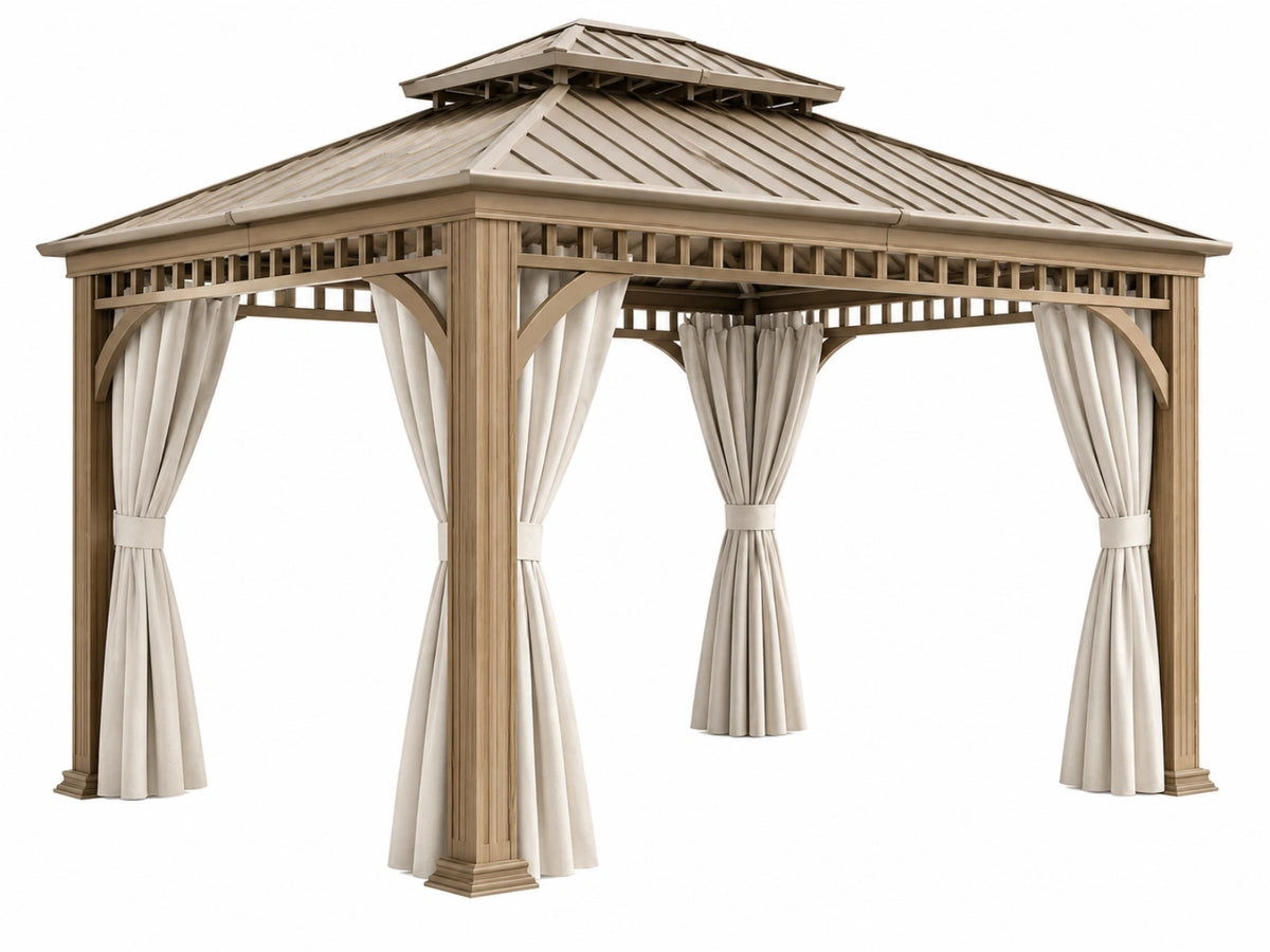 Gazebo da giardino 300 x 300 cm in legno beige con tende - stile classico