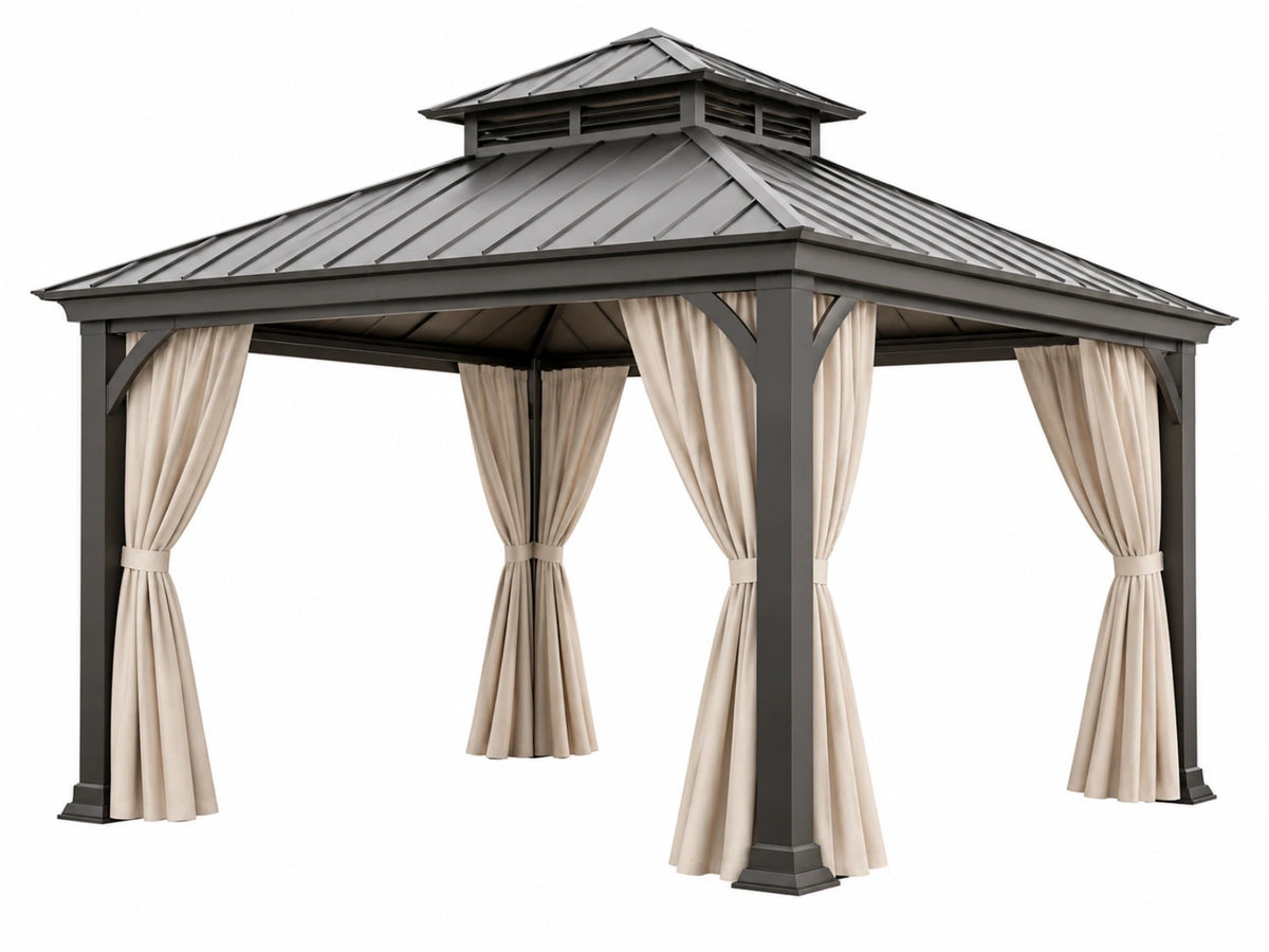 Gazebo da giardino 300 x 300 cm in metallo grigio scuro con tende beige - copertura a doppio tetto