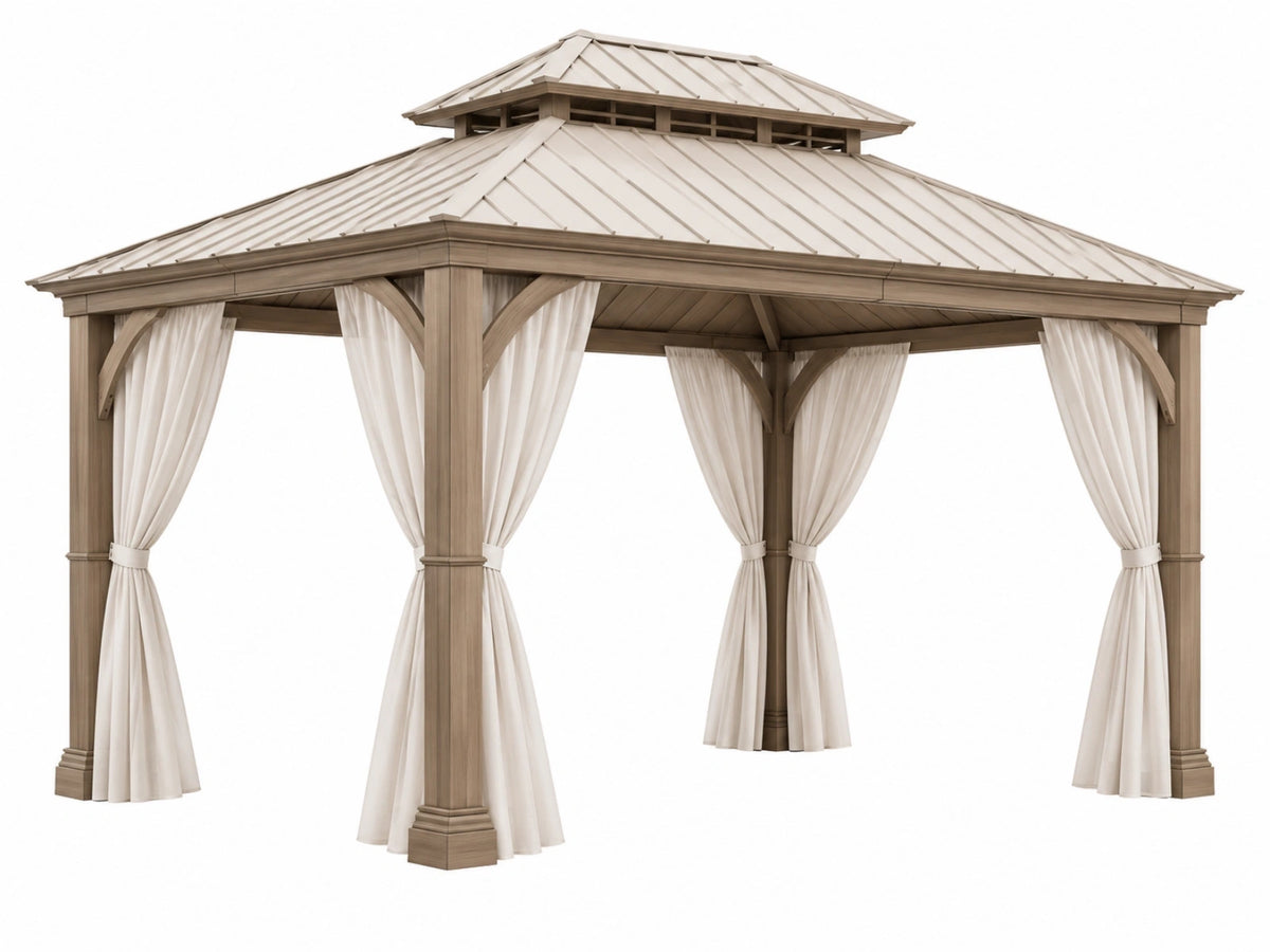 Gazebo da giardino 300 x 300 cm in legno beige con tende laterali e tetto in metallo