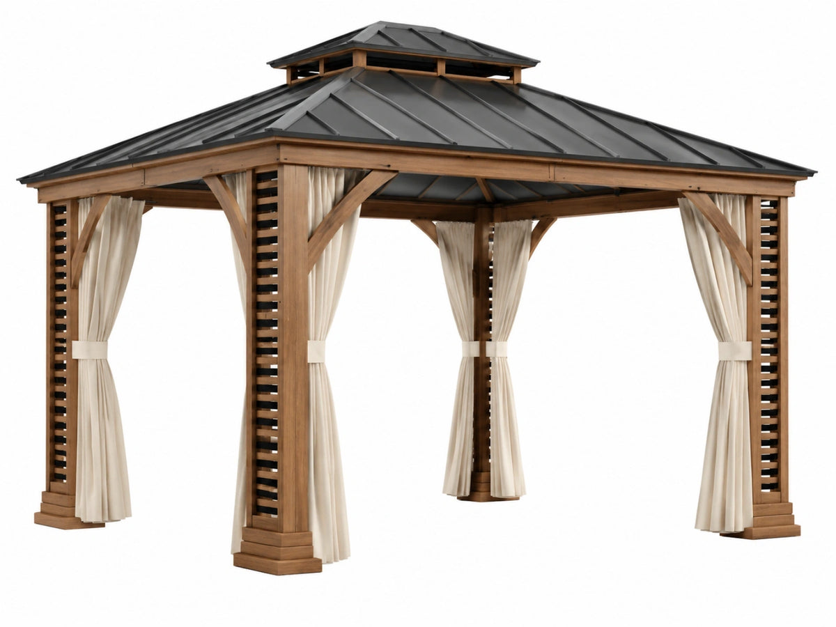 Gazebo da giardino 400 x 300 cm in legno marrone con tetto in metallo e tende