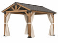 Gazebo da giardino 400 x 300 cm in legno marrone con tetto in metallo e tende beige