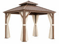 Gazebo da giardino 300 x 300 cm in metallo marrone con tende beige - copertura a padiglione