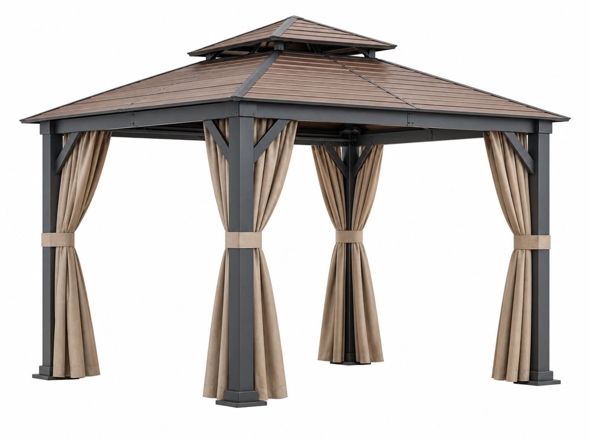 Gazebo da giardino 300 x 300 cm in metallo marrone e nero con tende laterali