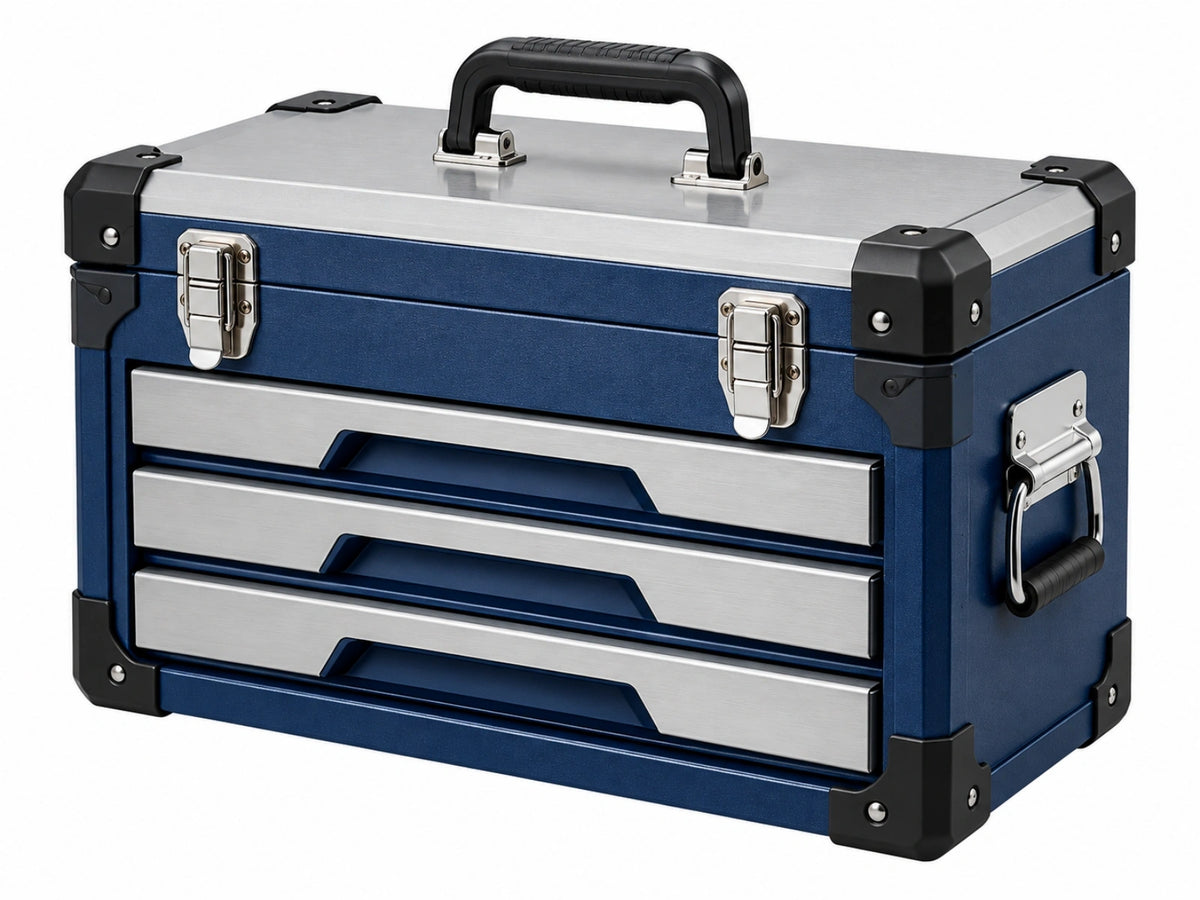 Cassetta portautensili 50 cm in alluminio blu con 3 cassetti rigida e trasportabile