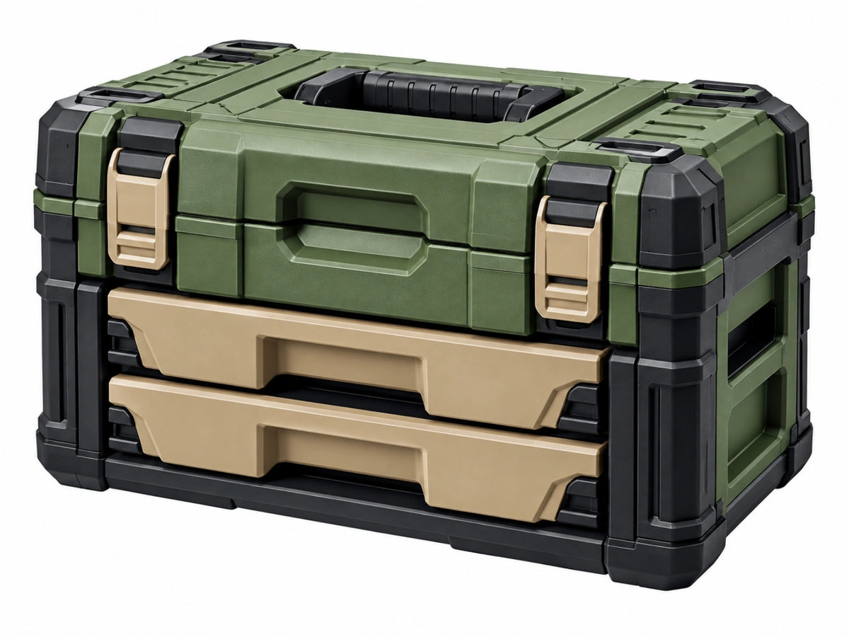 Cassettiera portautensili 50 x 30 x 32 cm in plastica verde e nera con 2 cassetti