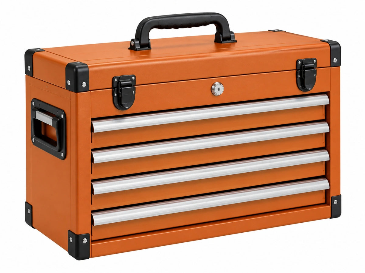 Cassettiera portautensili 60 x 30 x 45 cm in metallo arancione con 4 cassetti e vano superiore